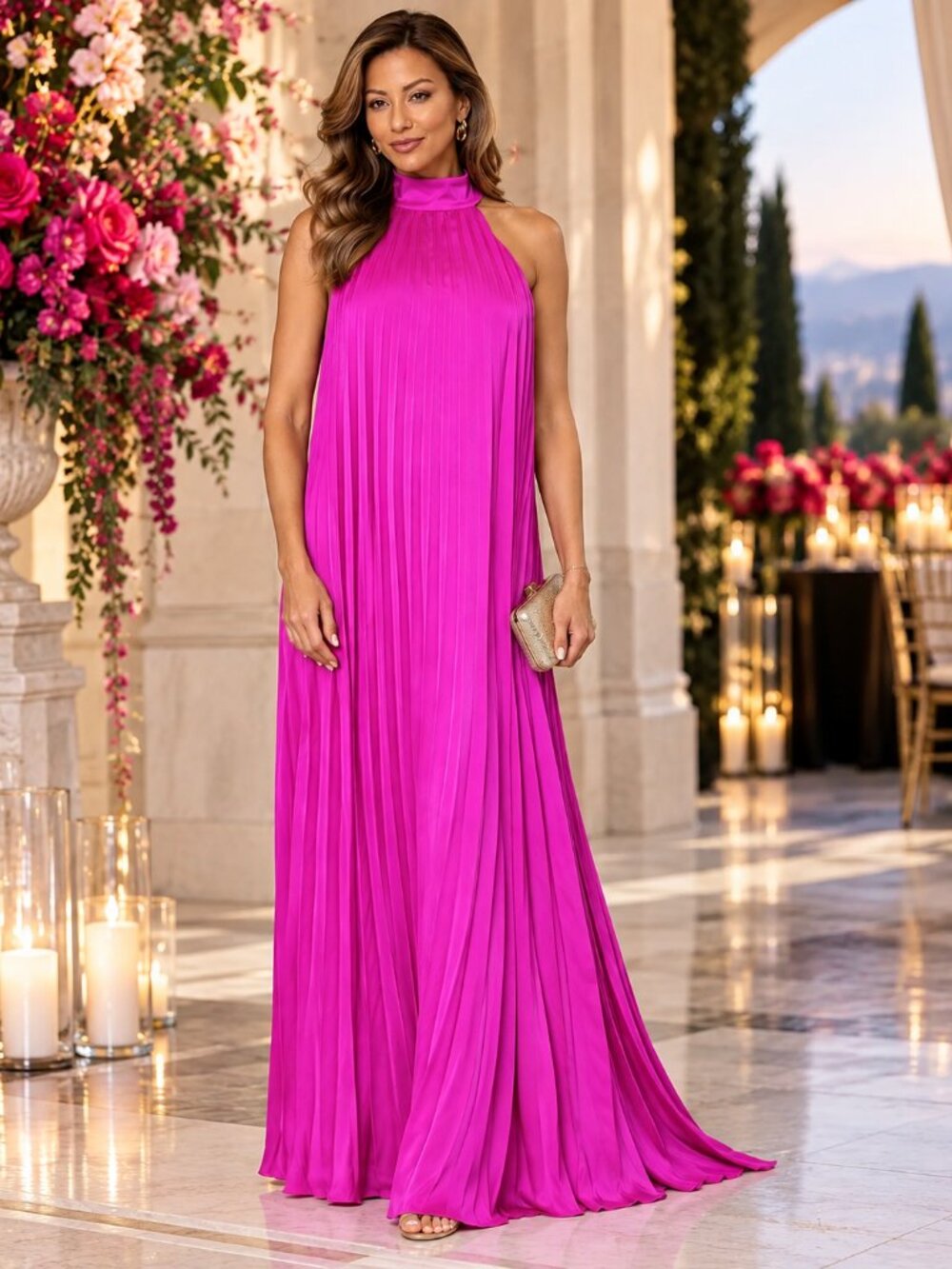 XSCAPE Fuchsia Pleated Halter Open Back Formal Gown Size 10 NWT - Picture 3 of 6
